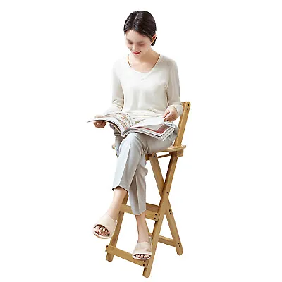 Foldable Tall Chair Bamboo Stool Folding Bar Stool Porch Kitchen Chair Portable • $50.35