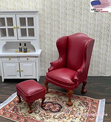 1/12 Dollhouse Miniature Furniture 2pcs Red Leather Single Sofa&Ottoman Set • $24.95