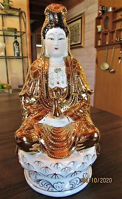 Vtg Chinese Gold Gilt Porcelain Kwan-Yin Quan-Yin Goddess Of Mercy Statue *13.5  • $129.35