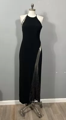 Vintage CACHE Silk Silver Beaded Black Cocktail Evening Dress Size 8 • $150