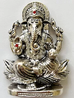 Blessing Lord Ganesha Sitting On Lotus Car Dashboard Silver Metal Idol H-3  • $9.99