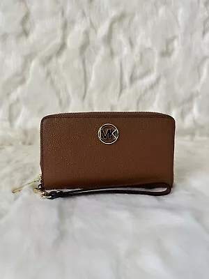 Michael Kors Fulton Large Flat MF Leather Phonecase Wallet/Wristlet (Luggage) • $68