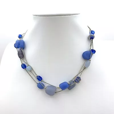 Blue Glass And Stone Multi Strand Necklace Silver Tone Hang Tag VJ • $4