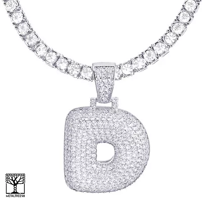 $29.99 • Buy Iced CZ Bubble Letter D Initial Silver Plated Pendant 24  Tennis Chain Necklace 