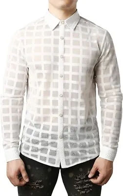 JOGAL Men's Mesh See Through Lace Sheer Button Down Casual Shirts White Size XL • £12