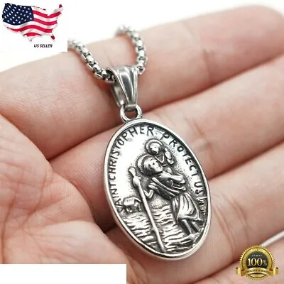 MENDEL Mens St Saint Christopher Medal Pendant Necklace Stainless Steel Amulet • $3.99