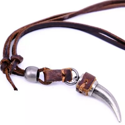 Long Leather Chain Adjustable For Men Brown Tribal Wolf Tooth Pendant Necklace • $7.83