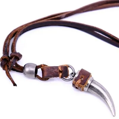 Mens Brown Tribal Wolf Tooth Pendant Necklace Long Leather Chain Adjustable • $7.99