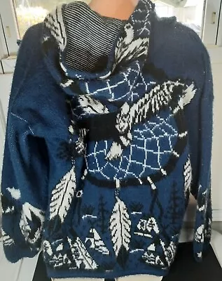 VTG Ruminahui Blue Wool Eagle Feathers DreamCatcher Native American Zip Hoodie L • $50.15