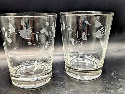 Vintage Set Of 2 Etched Clear Glass Double Old Fashioned Rock Whiskey Glasses • $19