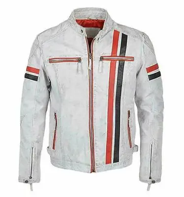 $129.99 • Buy New Mens Gulf 2 Motorcycle White Jacket Waxed Style Stripe Design 100% Leather