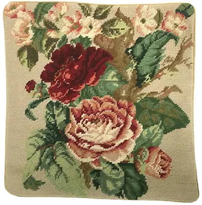 Needlepoint Pillow | Handmade Wool Dark Red And Pink Cabbage Roses Cushion 14x14 • $163.35