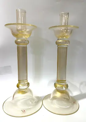 2 Murano Signed Antichi Angeli Venetian Gold Dusted Art Glass 15  Candlesticks • $375