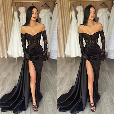 Black Prom Evening Dresses Mermaid With Slit Detachable Long Sleeve Party Gown • $145.56