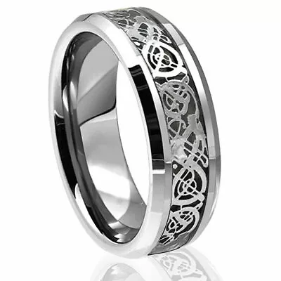 Men's 8mm Beveled Edge Comfort-Fit Black Celtic Dragon Tungsten Wedding Band • $11.85