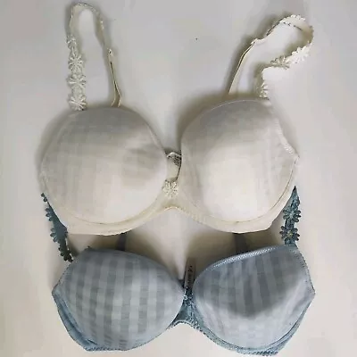 Marie Jo Set Of 2 White Blue Padded Underwired Bras Size UK 30E Check Squares • £19.99