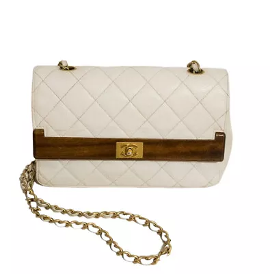 Vintage Chanel Limited Edition White Caviar Flap Bag Wood Trim 2002 Entupy  • $4900