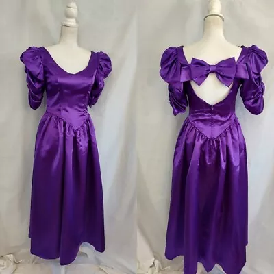 80s Vintage Liquid Satin Jordan Purple Puff Sleeve Dress Party Prom Bow Back 7/8 • $49.99