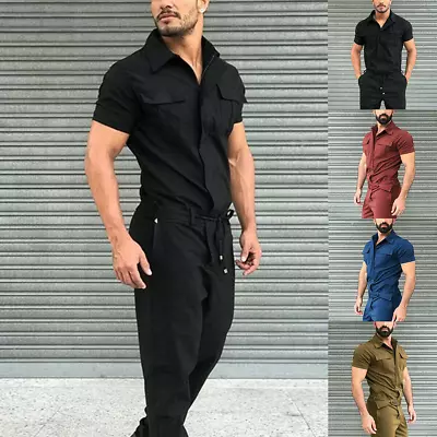 Mens Casual Short Sleeve Slim Overalls Jumpsuit Rompers Dungarees Pants Cosplay • $25.60