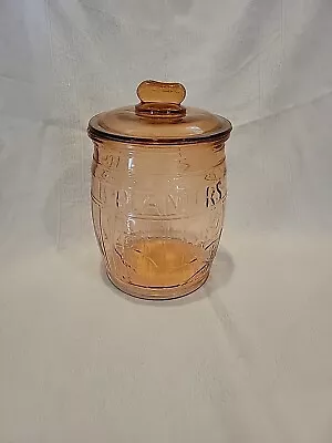 Planters Mr Peanut Pink Depression Glass Barrel Jar 10  Tall With Lid • $130