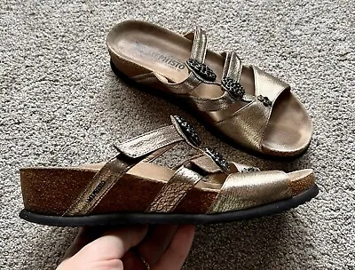 Mephisto Sandals Women’s Size 38 Gold Metallic Leather Cork Wedge Rhinestone • $29.99