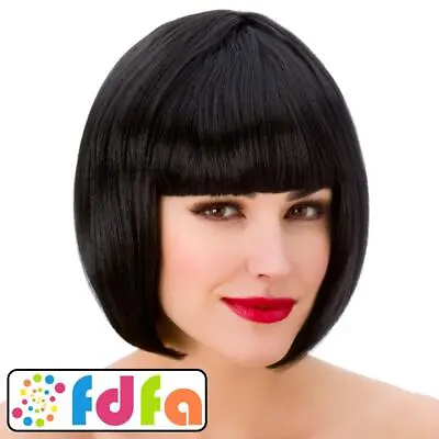 Wicked Diva Wig Black Short Bob With Fringe Ladies Adults Fancy Dress • £10.79