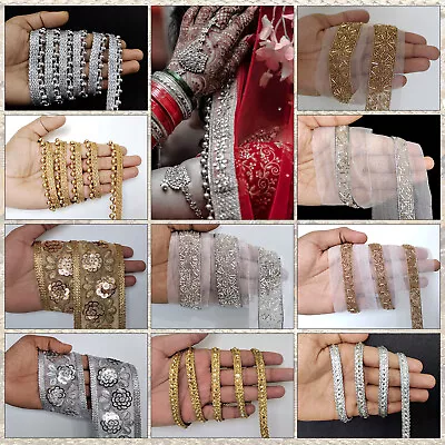 £4.39 • Buy Sequince Bead Embroidery Indian Sari Border Lace Ribbon Trim Ethnic Craft 4M