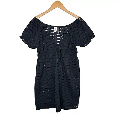 La Blanca Womens Swim Cover Up Eyelet Dress Sz Large Black Short Sleeve V Neck • $28