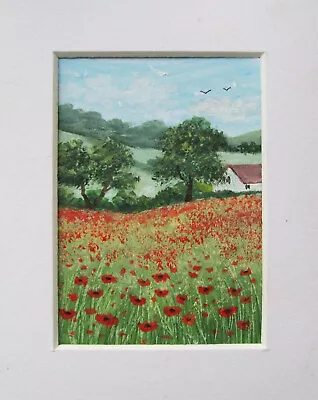 Aceo Original Hand Painted Signed Poppy Field Landscape Miniature Painting • £7