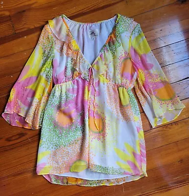 Milly Of New York Floral Silk Blouse V Neck Flowy Retro Empire Waist Sheer 4 • $42