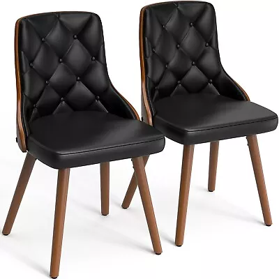 Dining Chairs Set Of 2 Mid Century Modern PU Leather Upholstered Kitchen Black • $129.99