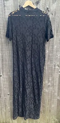 H&M Black S/ Sleeve Full Length Sheer Lace T-shirt Dress Size M • £5.99