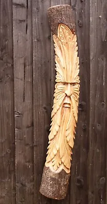 £35.40 • Buy Green Man Wood Carving Half Log Wall Hanging Garden Decor CLEARANCE BENT