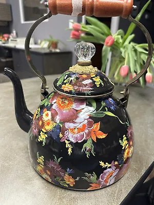 $75 • Buy MacKenzie Childs Flower Market Water Kettle Tea Pot & Lid Black ***DAMAGED*****