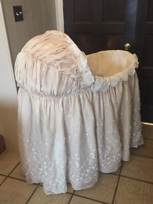 $150 • Buy Antique Wicker Baby Bassinet, Decorative Hooded Skirt, Stand, Lining, & Bed Pad