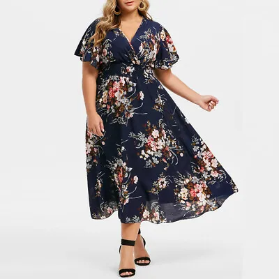 $30.37 • Buy Plus Size Fashion Women Floral Printed V-Neck  Short Sleeve Casual Dress (XL-5XL