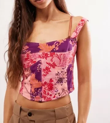 NEW Free People Bowen Corset L Large Rose Combo Patchwork Pink Crop Top Smocked • $39.98