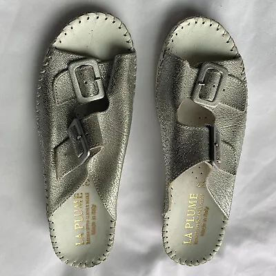 La Plume Sandal Shoe Slides Metallic Silver Leather Italy EU 37 US 6.5 Buckles • $30