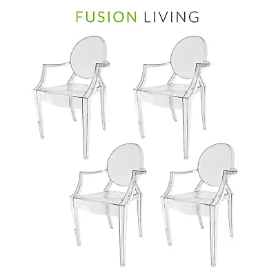 Set Of 4 Ghost Chairs - Transparent Clear Dining Chairs - Plastic Louis Armchair • £342