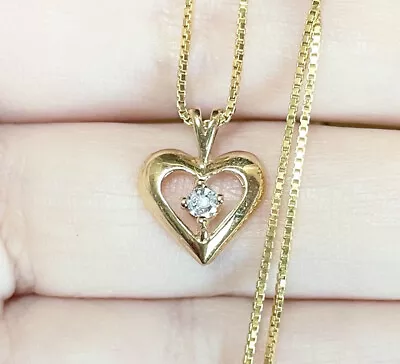 Vintage 14k Diamond Petite Filigree Heart Solid Yellow Gold Solitaire Pendant • $189