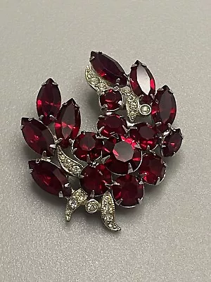 Vintage Signed EISENBERG Ruby Red Rhinestone Floral Pin Brooch Silver Tone • $37