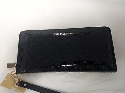 Michael Kors Black Logo Jet Set Travel Continent Leather Wristlet Wallet New • $99.95