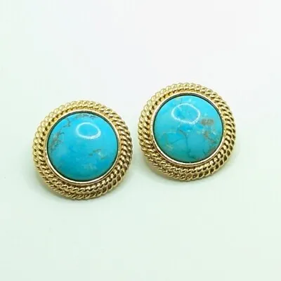 Heavy Vintage Rope Gold Tone Stud Faux Turquoise Earrings Earring Howlite Dyed • $11.99