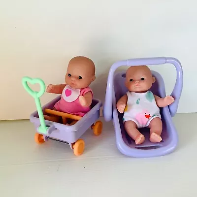 MINI Berenguer BABY DOLLS X2 With Carrier And Wagon 13 Cm Tall Lilac And Pastels • $23.50