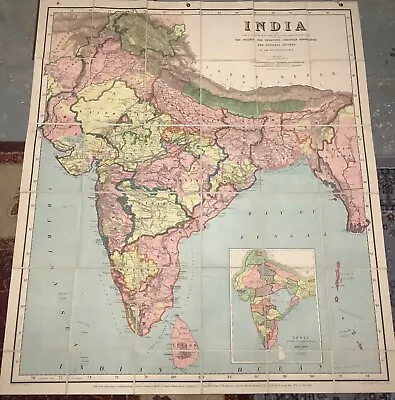 61” X 53” 1914 Rand McNally Color Foldout Cloth Map Of British India • $100