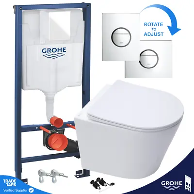 £154.95 • Buy Rimless ECO Wall Hung Toilet, Seat & GROHE 1.13m Concealed WC Cistern Frame Nova
