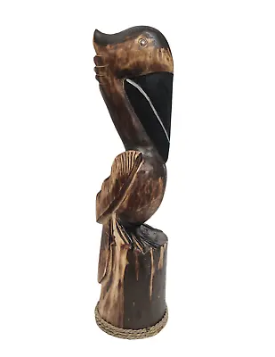 Hand Carved Pelican Ocean Bird Wood Sculpture Cottage Fish Tropical Island Art • $29.79