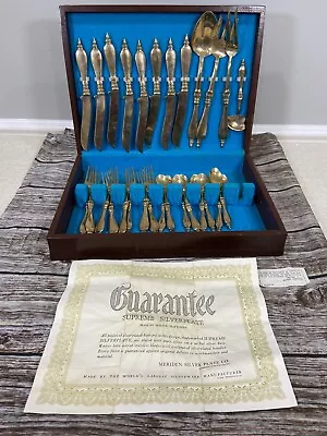 Vintage MERIDEN SILVER PLATE Silverware Knife Fork Spoon Set 29 Pc In WOOD CASE • $91.67