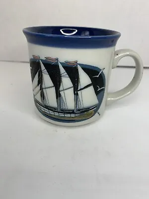 Blue &Cream Coffee Mug W/ Sailing Clipper Ship In The Ocean W/ Anchors & Seagull • $7.20