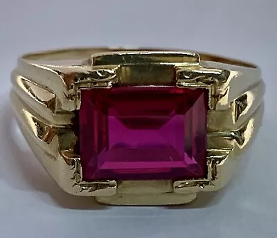 Men’s Ruby Ring Lab-created Ruby Solid 18k+ Yellow Gold EstateVintage Antique • $1175